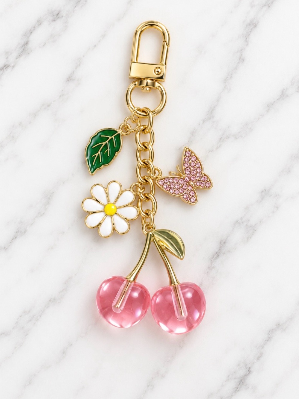 Bag Charm/Keyring-Pink Cherry Charms-Floral Butterfly accents-Gold Hardware